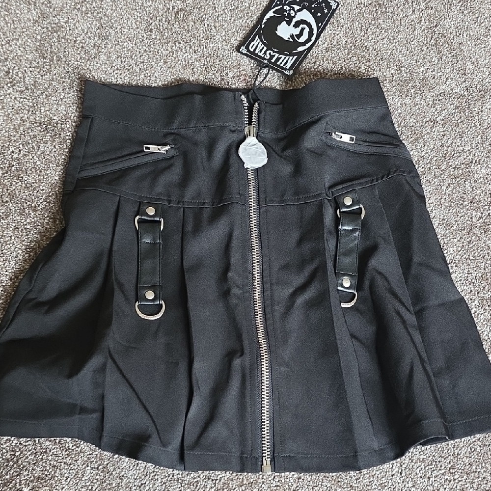 Killstar Black Skater Skirt with Zipper and Strap Details
